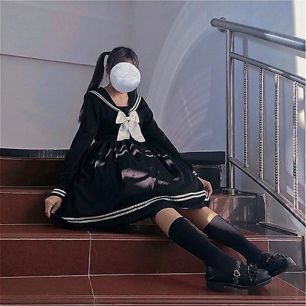 Rosett Patchwork Lös A-linje Mode Knälång Söt Empire Preppy Style Japansk All-match Black School Uniform XL black