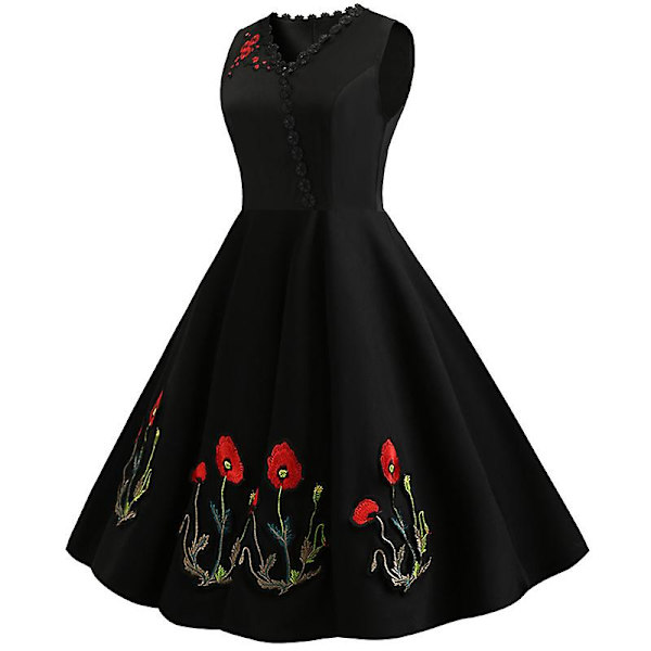Kirjailtu V-aukkoinen vintage 50-luvun 60-luvun Rockabilly Iltapuku Swing Mekko Midimekko M