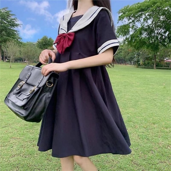 A-linjeklänning Kvinnor Söt Kawaii Japansk stil College Höst Ny sjömanskrage Patchwork Rosett Mode Fritid Lös Populär Chic S black short sleeves