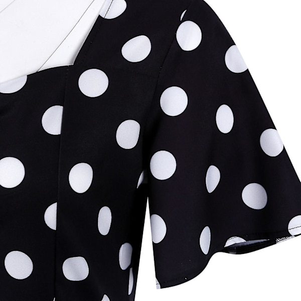 Kvinnors Retro Resestil Vågsöm Kortärmad Prickig Midilång Klänning Black XL