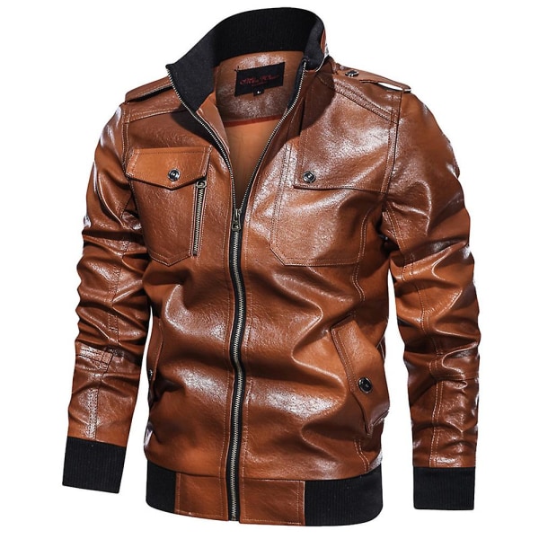 Män Faux Leather Motorcykel Zip Jacket Military Biker Coat Ytterkläder Brown XL