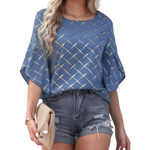 Kvinnors volangärm T-shirt mångsidig rund hals kortärmad topp för stranden Blue XL