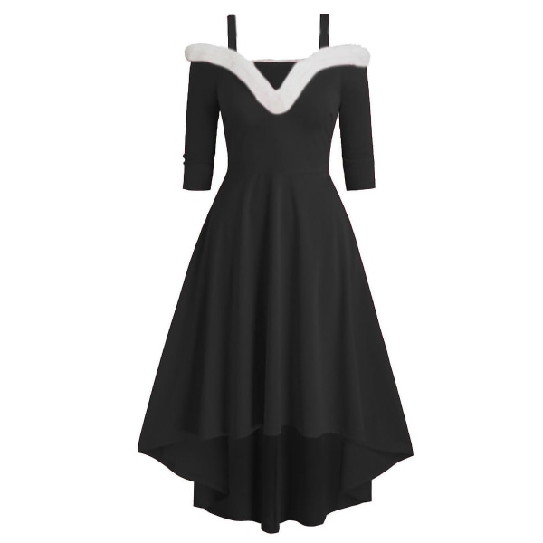 Julekjole for kvinner, langermet, plysj, høy og lav, dyp V-utringning, off-shoulder, stor sving Black L