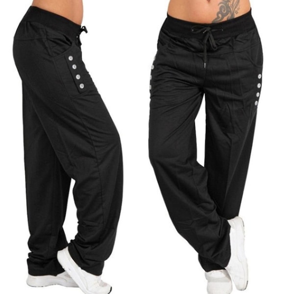 Dam Oversized Elastisk Midja Snörning Vida Ben Byxor Fullängd Casual Lösa Långa Byxor Sport Jogging Sweatpants Black L