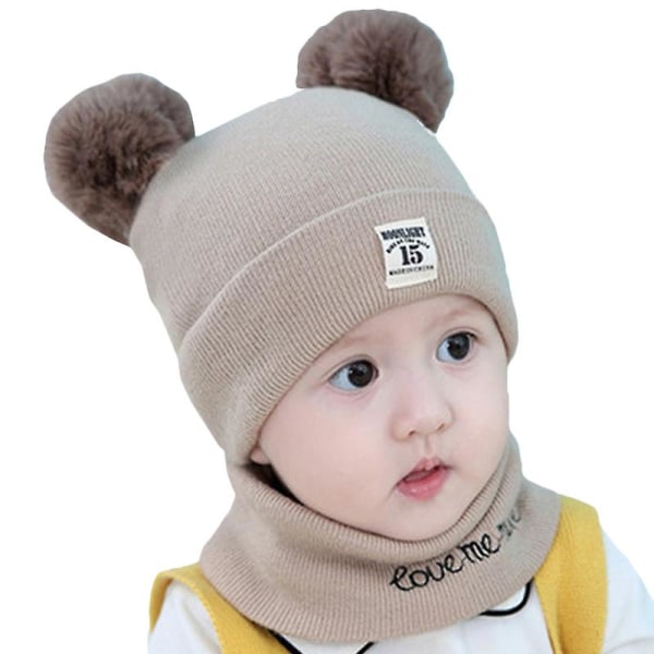 Baby Strikket Pom Pom Lue og Snood Skjerf Gutt Jente Småbarn Beanie Sett Khaki