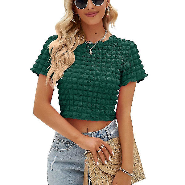 Sommer Ny Street Sexet Popcorn Åben Knap Krydret Pige Kortærmet Top Green XL