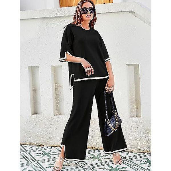 Fashion Suit Färgkontrast Split Kortärmad Stickad + Högmidjade Slankande Vida Byxor Tvådelad Set black M