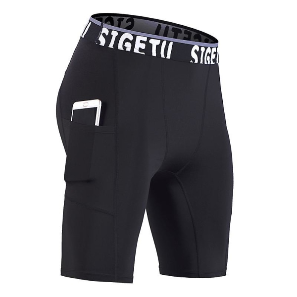 Herrtights med ficka, snabbtorkande, elastiska, sportkompression, gymtights, sommarträningsbyxor Black M