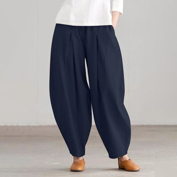 Dame Bomuld Hør Look Harem Bukser Løse Ali Baba Lange Bukser Plus Størrelse Blue XL