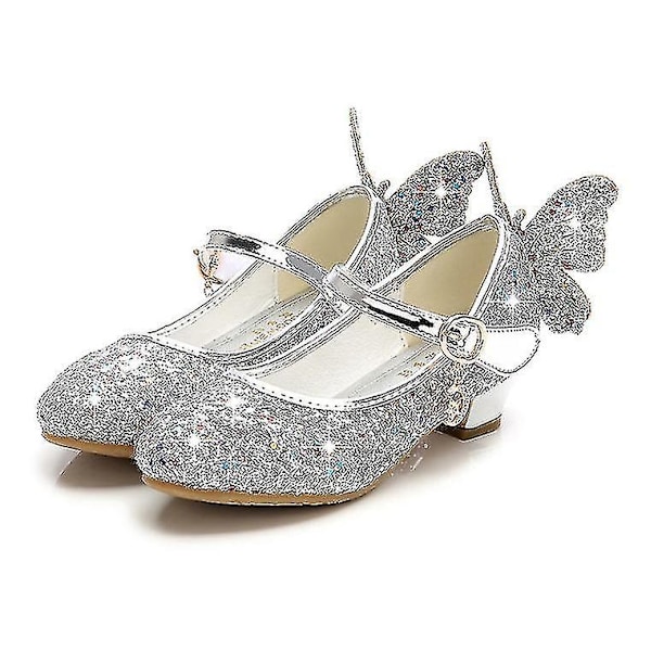 Barnens höga klack Princess skor Prestanda skor Kristall skor Enkla skor Läderskor silver 34