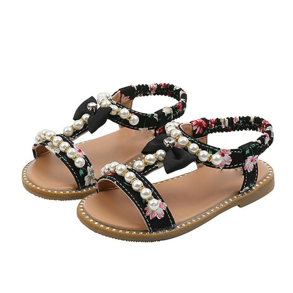 Baby Flickor Boho Pärlbroderade Sandaler Blomsterflickor Rosett Platt Tå Sandaler Gladiator Black 24