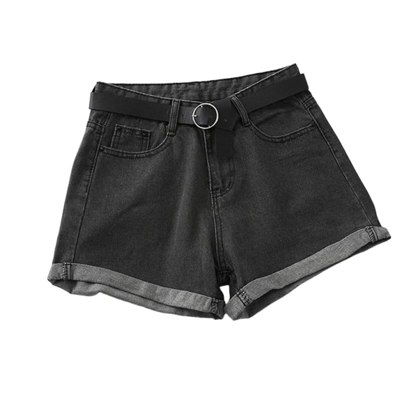 Dam Hög Midja Denimshorts Kvinnliga Korta Jeans Med Rem För Vardaglig Shopping Resor Black Grey XL