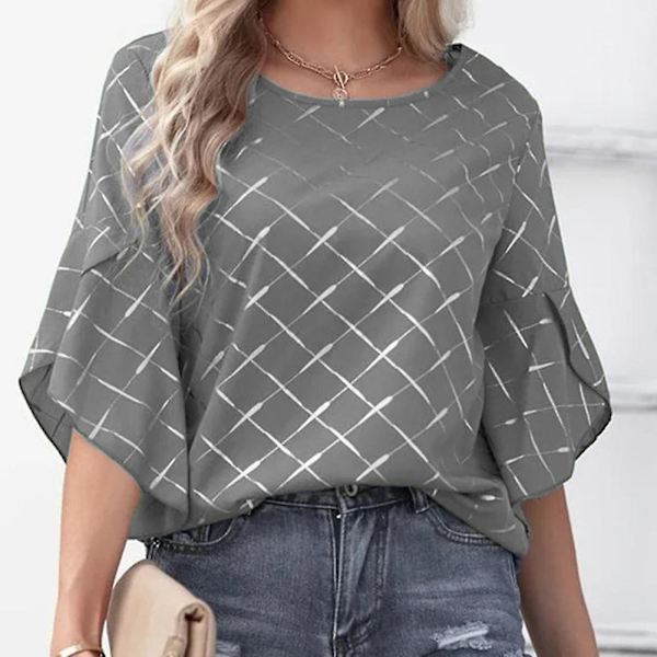 Kvinnors volangärm T-shirt mångsidig rund hals kortärmad topp för stranden Grey M
