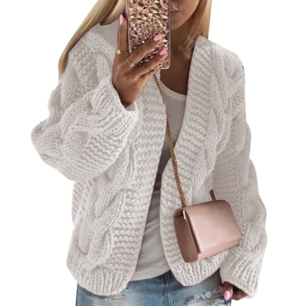 Kvinnors Chunky Knit Varm Tröja Rock Cardigan Jacka White S