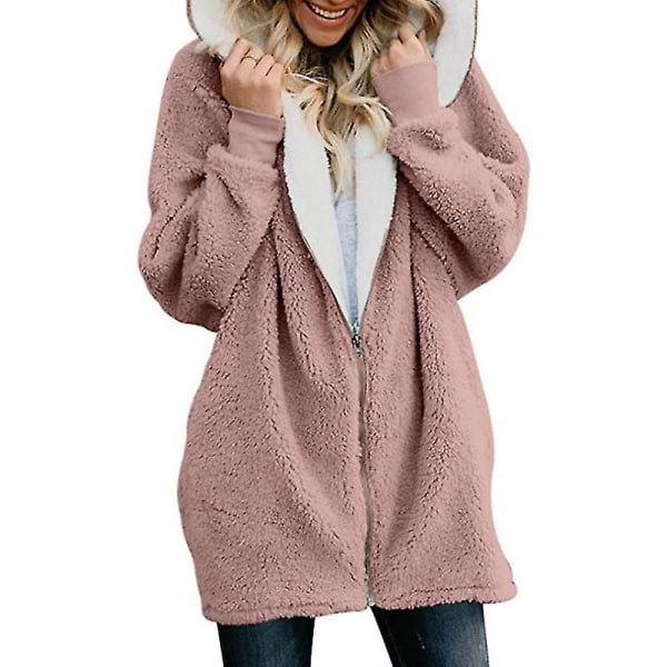 Damkofta Dragkedja Lös Enfärgad Splicing Hooded Ull Plysch Jacka Kappa Pink 3XL
