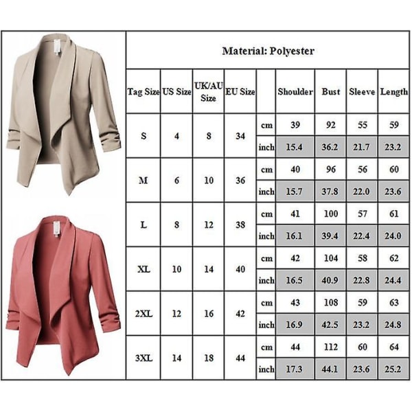 Dame Formel Arbejdsjakke Crop Blazer Jakkesæt Sjal Krave Cardigan Kontordamer Åben Front Frakke Overtøj Khaki 2XL