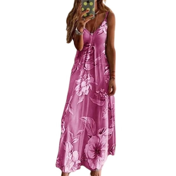 Dame Casual Sommer Boho Maxi Kjole Spaghetti Strop Ærmeløs Blomsterprint V-Hals Strand Lang Sommerkjole Plus Størrelse Rose Red L