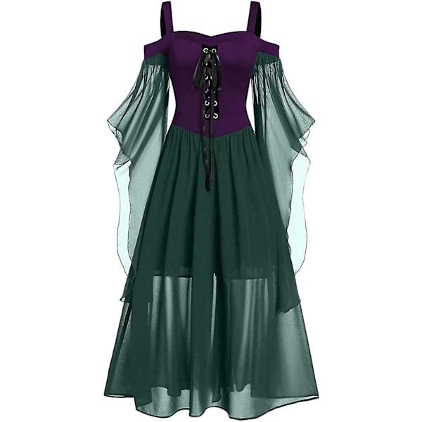 Maxikjole med sommerfugleærmer til kvinder, middelalder punk gotisk tøj, sexet Halloween kostume, kjoler med kolde skuldre og korset B-army Green Small