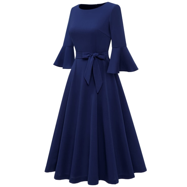 Elegant cocktailklänning med klockärmar för kvinnor, bröllopsgäst, figursydd och utsvängd, modest kyrka, midilång aftonklänning, marinblå, L navy blue l