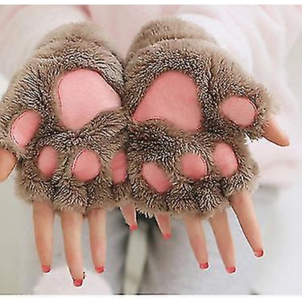 Kattflicka öppna finger katt tass varma handskar förtjockade fluff handformad borste halvfingerhandskar Khaki Average size