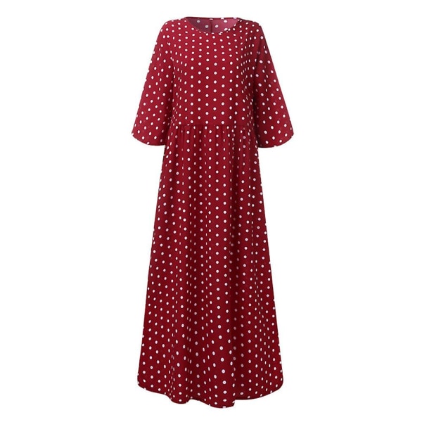 Klänningar för kvinnor O-hals Polka Dots Tre kvarts ärm Bohémisk klänning Wine Red 5XL