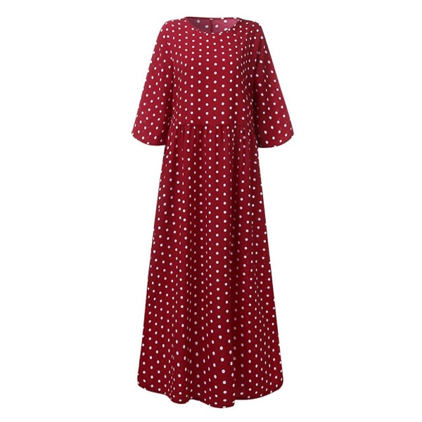 Klänningar För Kvinnor O-ringad Polka Dots Tre fjärdedels ärm Bohemian Dress Wine Red 2XL
