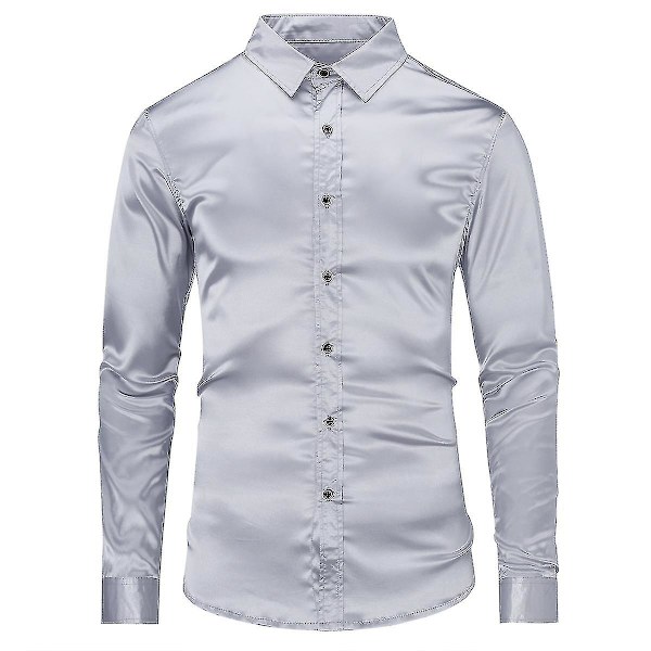Herr Casual Mode Glänsande Långärmad Slim-fit Formell Skjorta Gray M