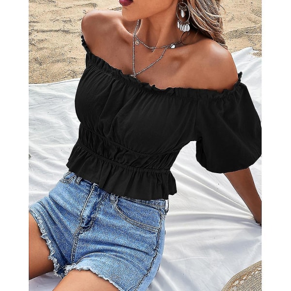 Sexig axelbandslös topp för damer med volang – Off Shoulder-topp i enfärgat Apricot S