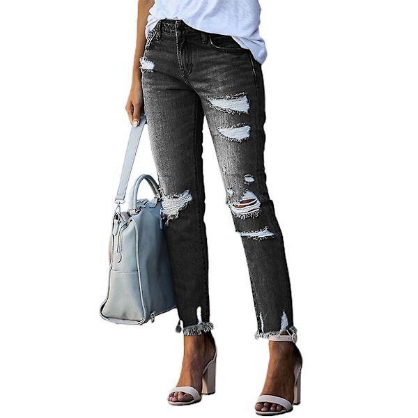 Dam Trasiga Boyfriend Jeans Denim Ripped Frayed Byxor Slim Fit Black S