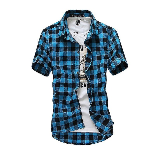 Män Casual Rutig skjorta rutor Kortärmade skjortor Toppar Sommar Lake Blue 3XL