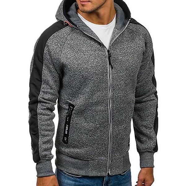 Herre Colorblock Langermet Hettegenser Sport Fritid Glidelås Hettejakke Yttertøy Med Lommer Light Grey M
