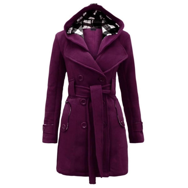 Luvtröja dam ärtkappa dubbelknäppt vinterfilt lång jacka med midjebälte Purple S