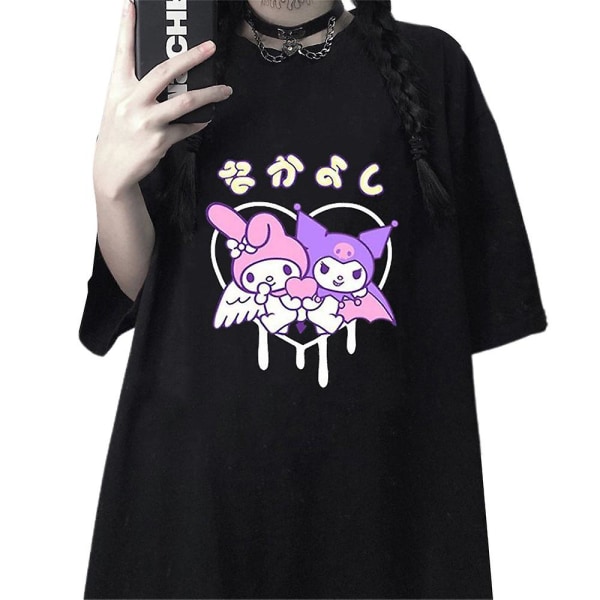 Kuromi & My Melody Anime Printing Shirt Dam Tonåringar Tunika Kortärmad Sommar Casual Loose Fit T-tröjor Harajuku T-shirts L