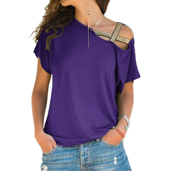 Dame Cross Cold Shoulder T-shirt Sommer Afslappet Stilfuld Kortærmet Tee Bluse Løse Toppe Plus Size Purple 4XL