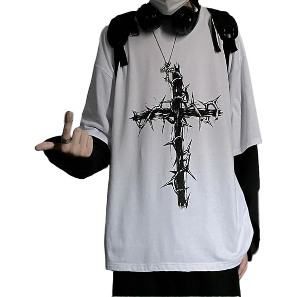 Herr Dam Gotisk skjorta Y2K Emo Grunge Alt Vintage Långärmad T-shirt Dark Academia Harajuku Cross Sweatshirt Kläder White L