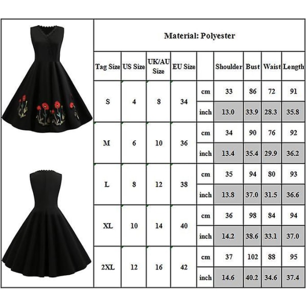 Broderte V-hals vintage 50-talls 60-talls Rockabilly Aften Ball Swing Kjole Midikjoler L