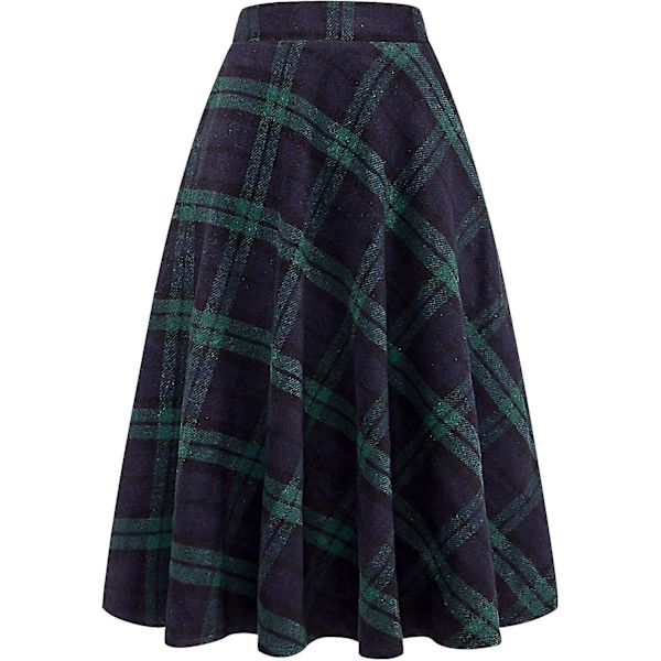 Dame Høy Elastisk Midje Maxi Skjørt A-linje Rutete Vinter Varm Flare Lang Skjørt L Long Green X-Large