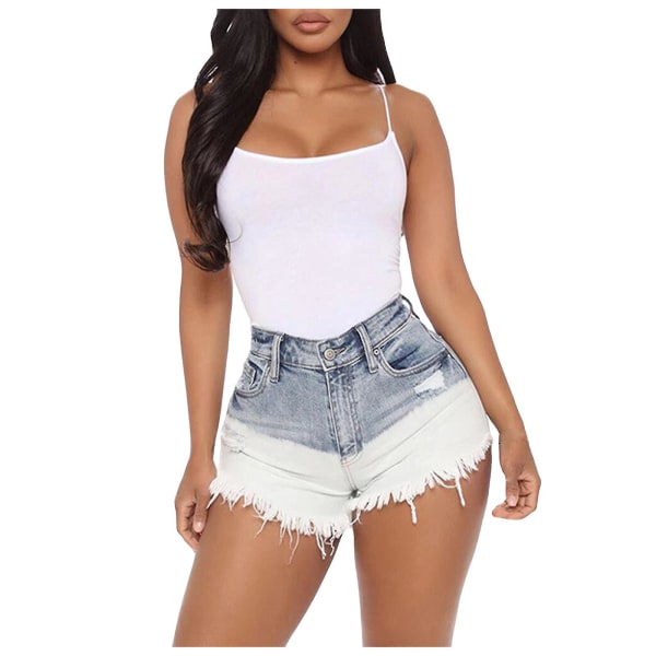 Bästsäljande sommarshorts för damer, slitna, avslappnade, trasiga korta jeans med fåll, mode denimbyxor, sexiga ärmlösa toppar för kvinnor Light blue 2 M