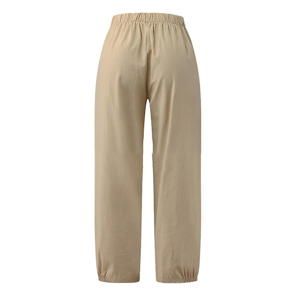 Dame Ensfarvede Elastiske Løse Cropped Bukser Sommer Casual Lange Bukser Khaki M