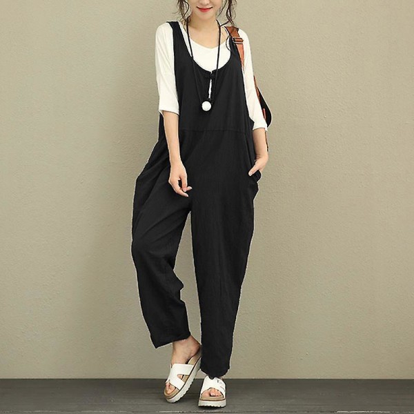 Dam Casual Solid Jumpsuit Lös Baggy Linne Dungarees Byxor Playsuit Overall Romper Black S