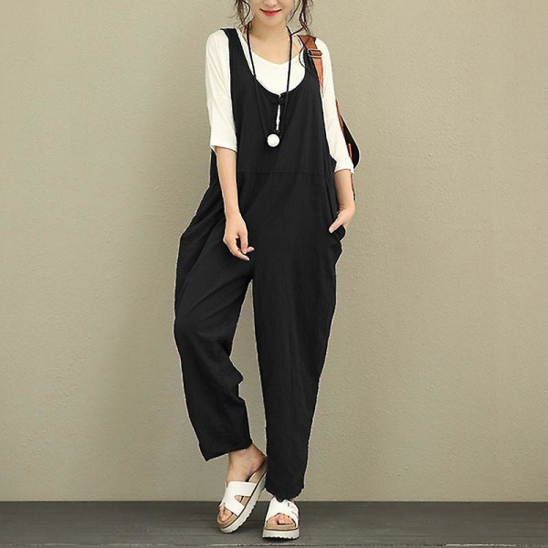 Kvinnor Casual Solid Jumpsuit Lös Baggy Linne Dungarees Byxor Playsuit Overall Romper Black S