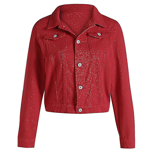 Dame Solid Denim Jakke Langærmet Ming Cardigan Suit Lomme Frakke Top Red M