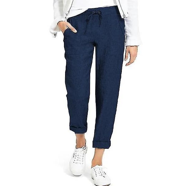 Løse damebukser i bomull og lin, fritidsbukser i ensfarget design med lommer blue XXL
