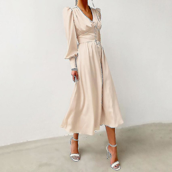 Satengkjole Dame Design Lanternermer Ermer Smal Midje Europa Og USA Temperament Slank Lang Kjole beige L