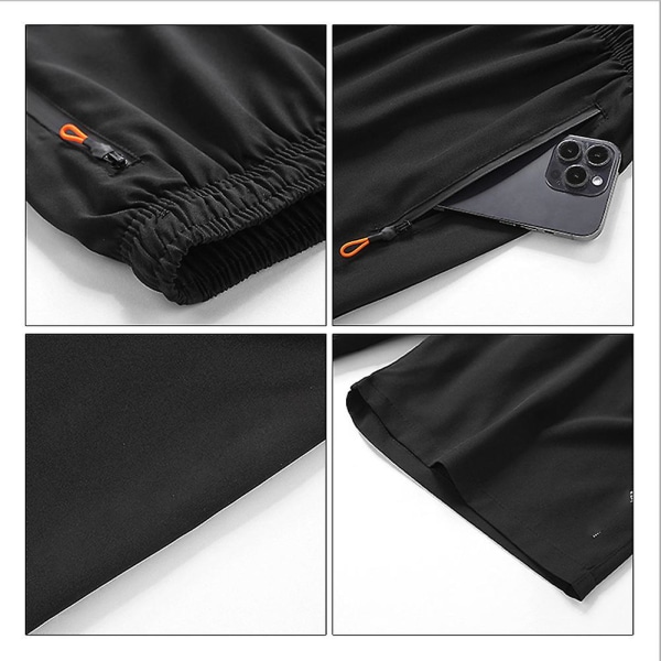 Treningsshorts for menn med glidelåslommer, vaskbare høyelastiske bukser for treningsstudio Black XL