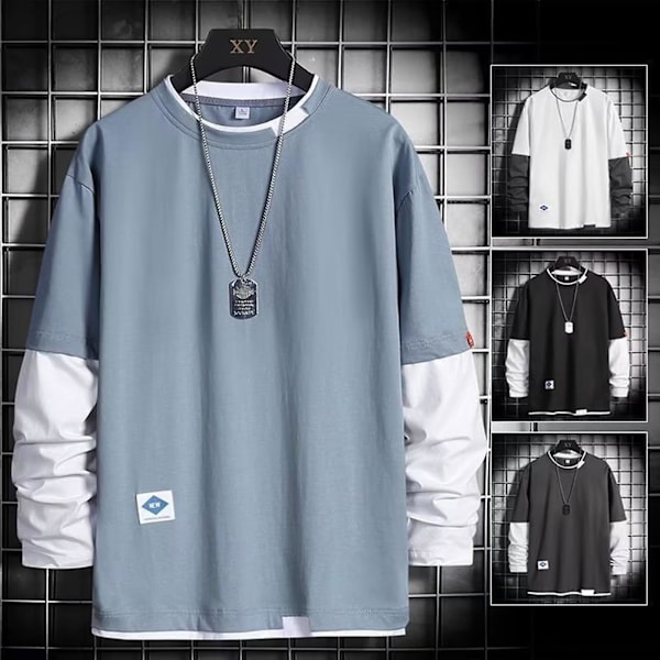 Miesten pyöreäkauluksinen pusero, kontrastivärinen, pitkähihainen T-paita rentoon päivittäiseen käyttöön, juhliin ja kouluun 352 White 2XL