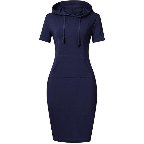 Womens Casual Sport Hooded Pocket Knee Lenth Dress Short Sleeve   Blue XL