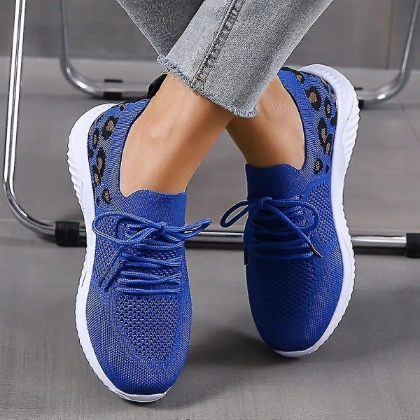 Dame Snøresko Sneakers Casual Sko Åndbare Flyvende Vævede Leopard Sportssko Blue 40