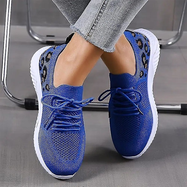 Dame Snøresko Sneakers Casual Sko Åndbare Flyvende Vævede Leopard Sportssko Blue 43