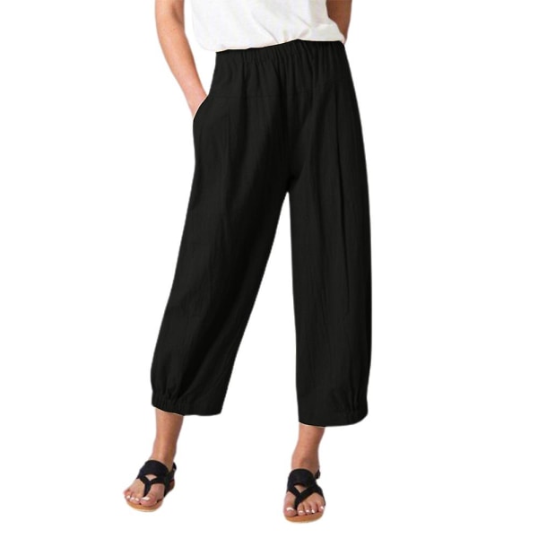 Dame Ensfarvede Elastiske Løse Cropped Bukser Sommer Casual Lange Bukser Black L